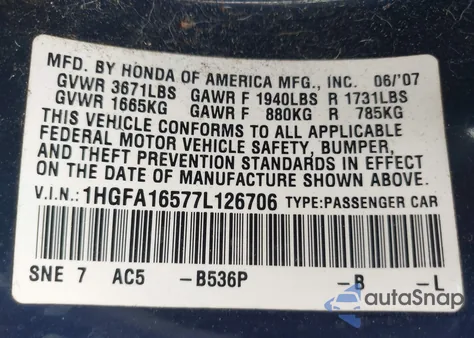 2007 Honda Civic Lx из США, поврежденный, VIN 1HGFA16577L126706